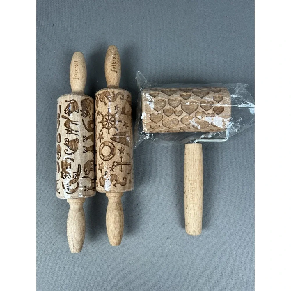 Rolling Pin Cookie Dough Cats, Hearts & Nautical Embossing Wood Folkroll Baking